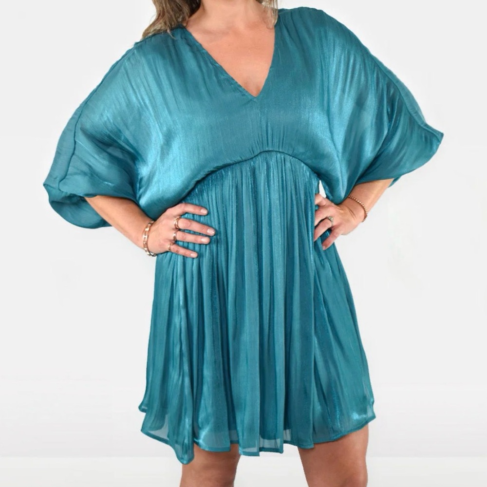 JODIFL Metallic Teal Deep V Dolman Sleeve Mini Dress Size Large